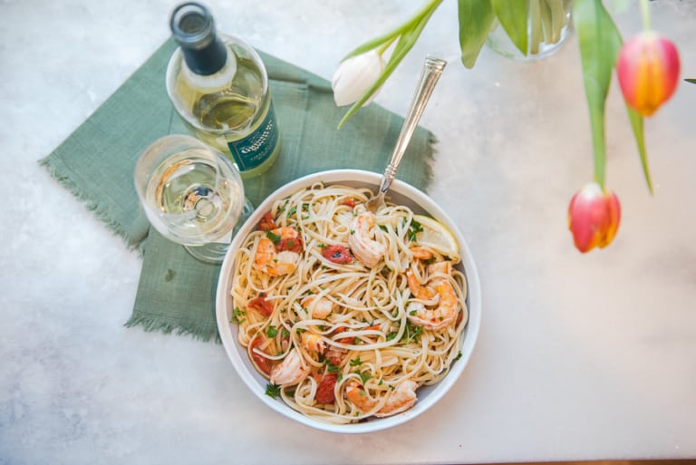 Shrimp Pasta with White Wine Sauce - Grinder's Switch Winery