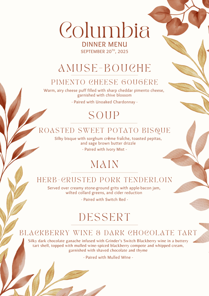 Chef Dinner and wine pairing at Grinder's Switch Winery in Columbia Tennessee