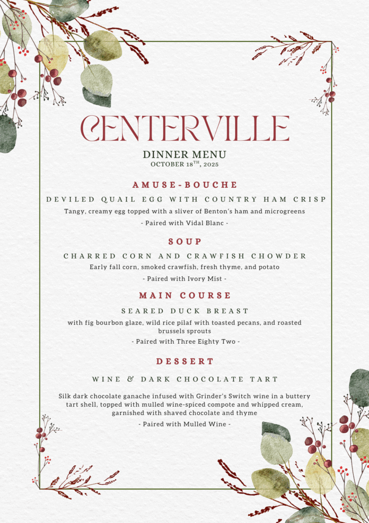 Chef Dinner and Wine Pairing at Grinder's Switch Winery in Centerville Tennessee