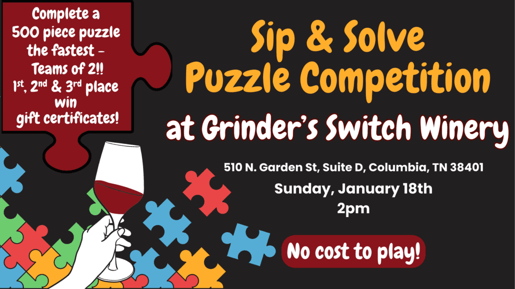 Sip and solve puzzle competition at Grinder's Switch Winery - Columbia every 4th sunday!